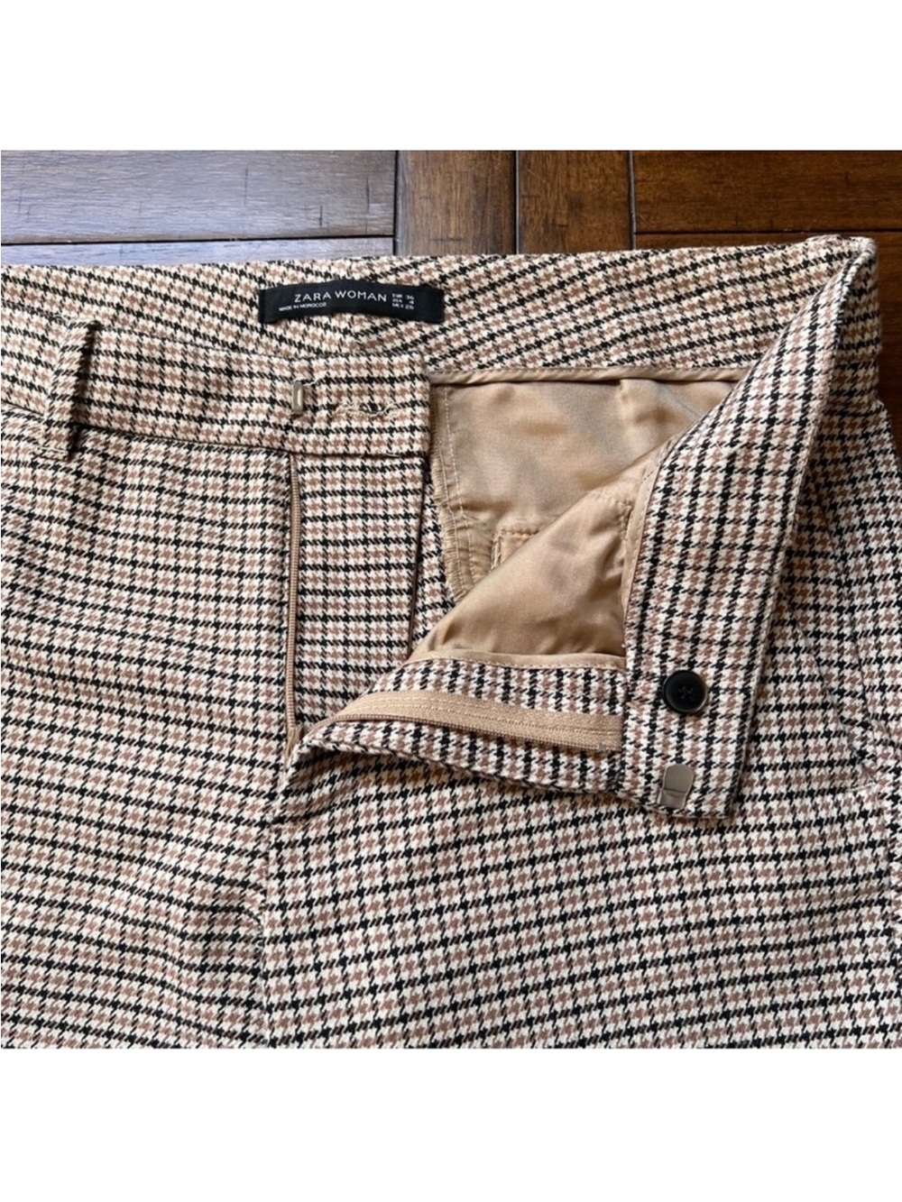 Zara Woman Houndstooth Check patterned slim trousers tan size 4 - Picture 4 of 8